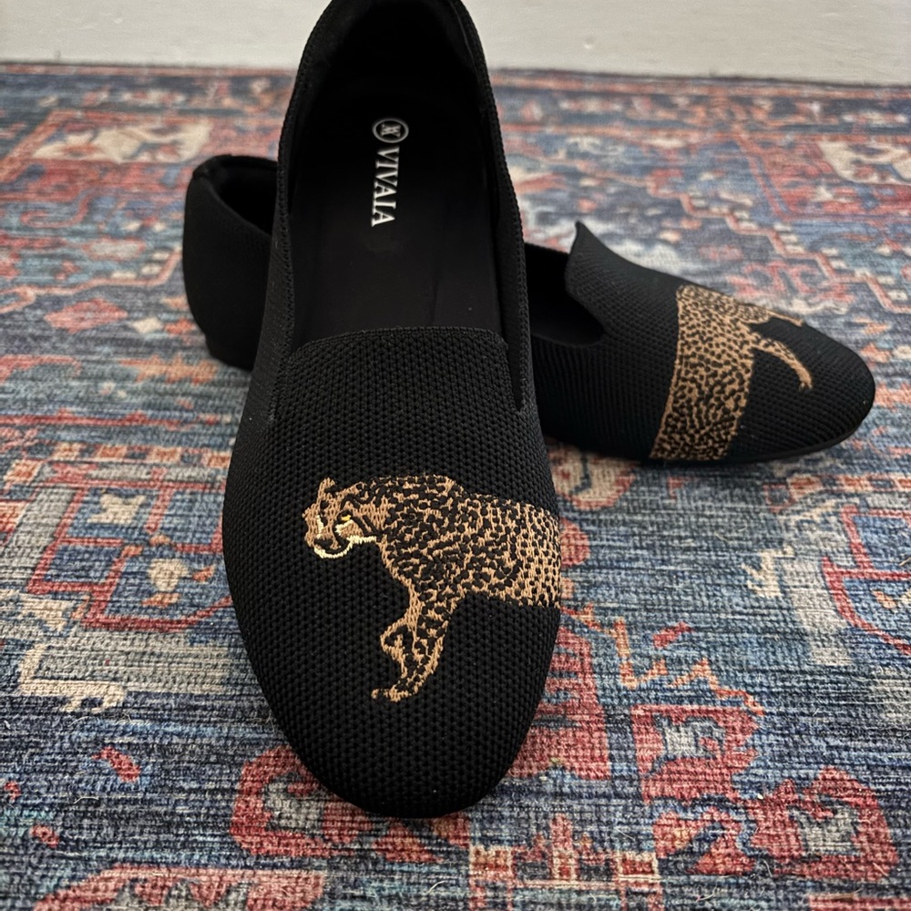 VIVAIA Black Knit Loafers with Gold Leopard Embroidery